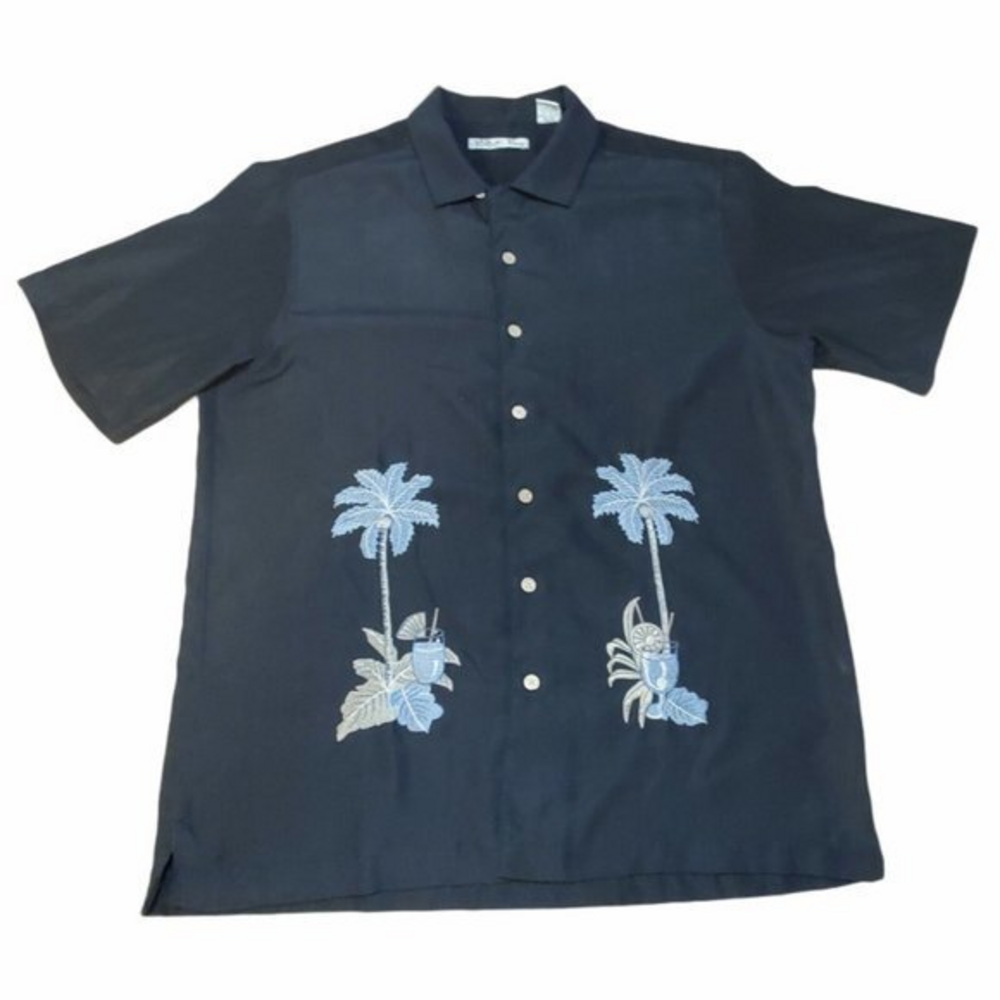 Batick Bay Hawaiian Style Black Shirt Drinks Palm Trees‎